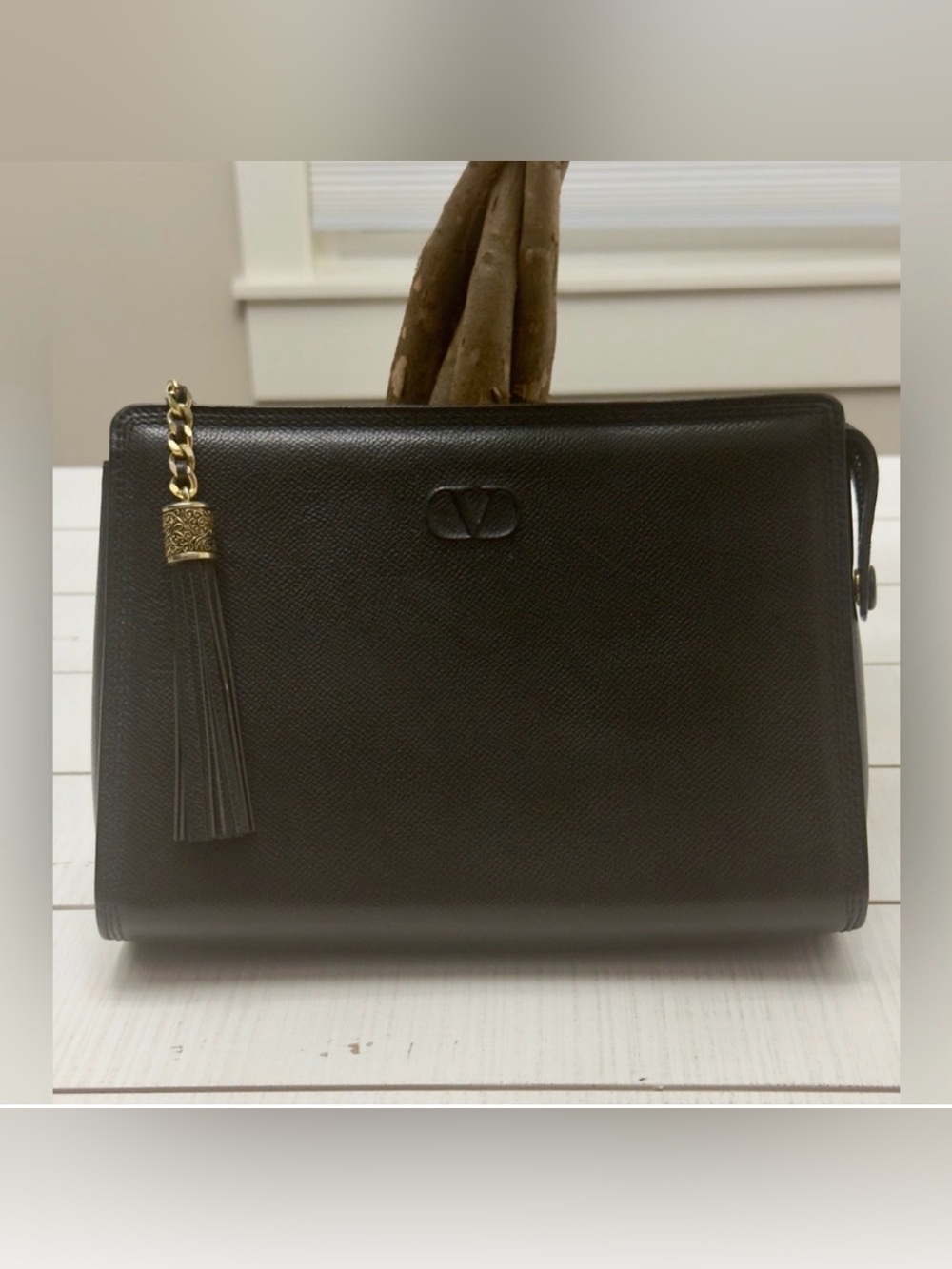 New Vintage VLTN Black Leather Clutch w Tassel